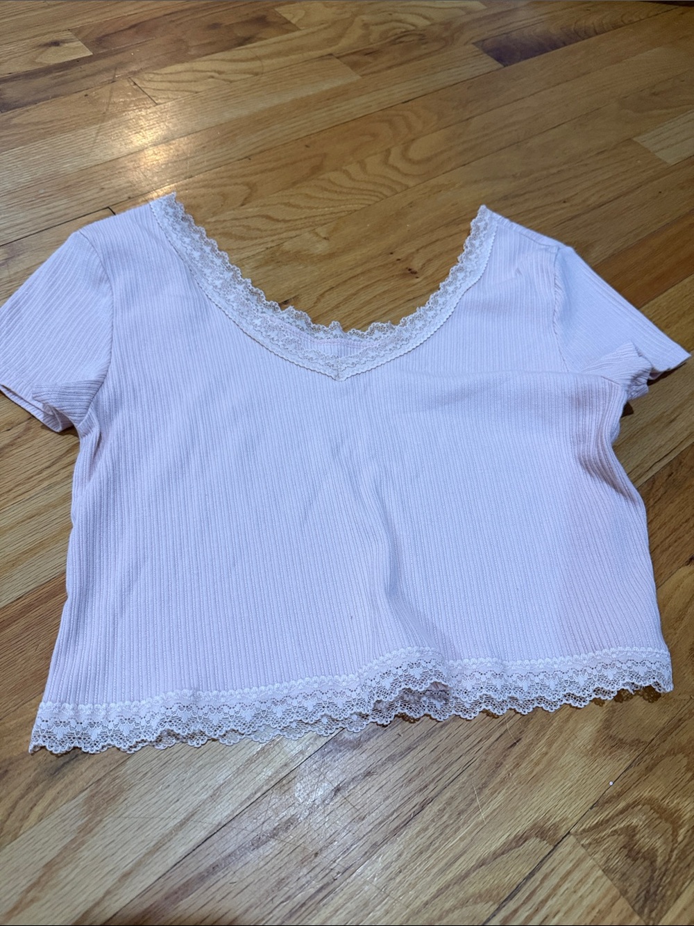 Aeropostale Light Pink Ribbed Lace-Trim Crop Top